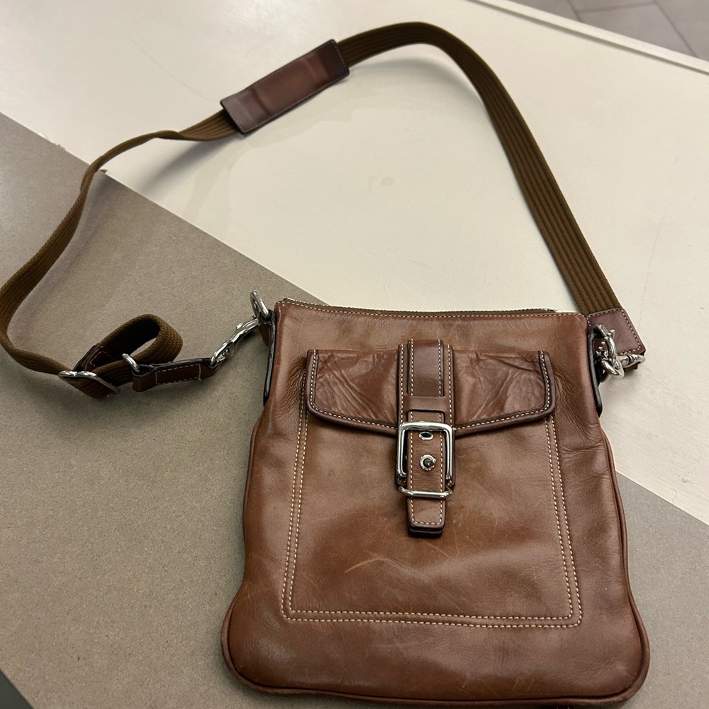 Coach Tan Leather Messenger Bag with Buckle